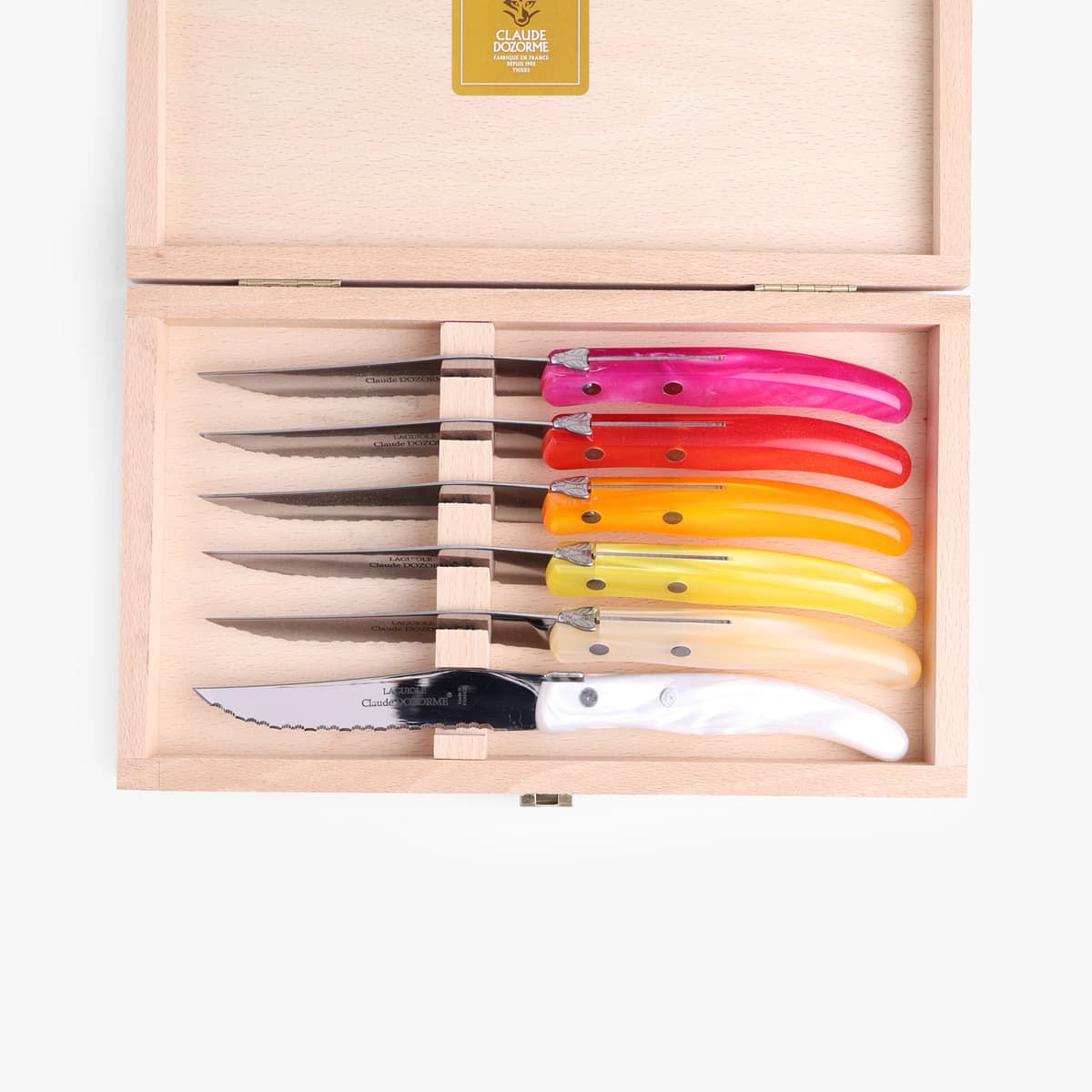 Biffkniver 6. stk rosa/oransje plast - Claude Dozorme Laguiole bilde 2