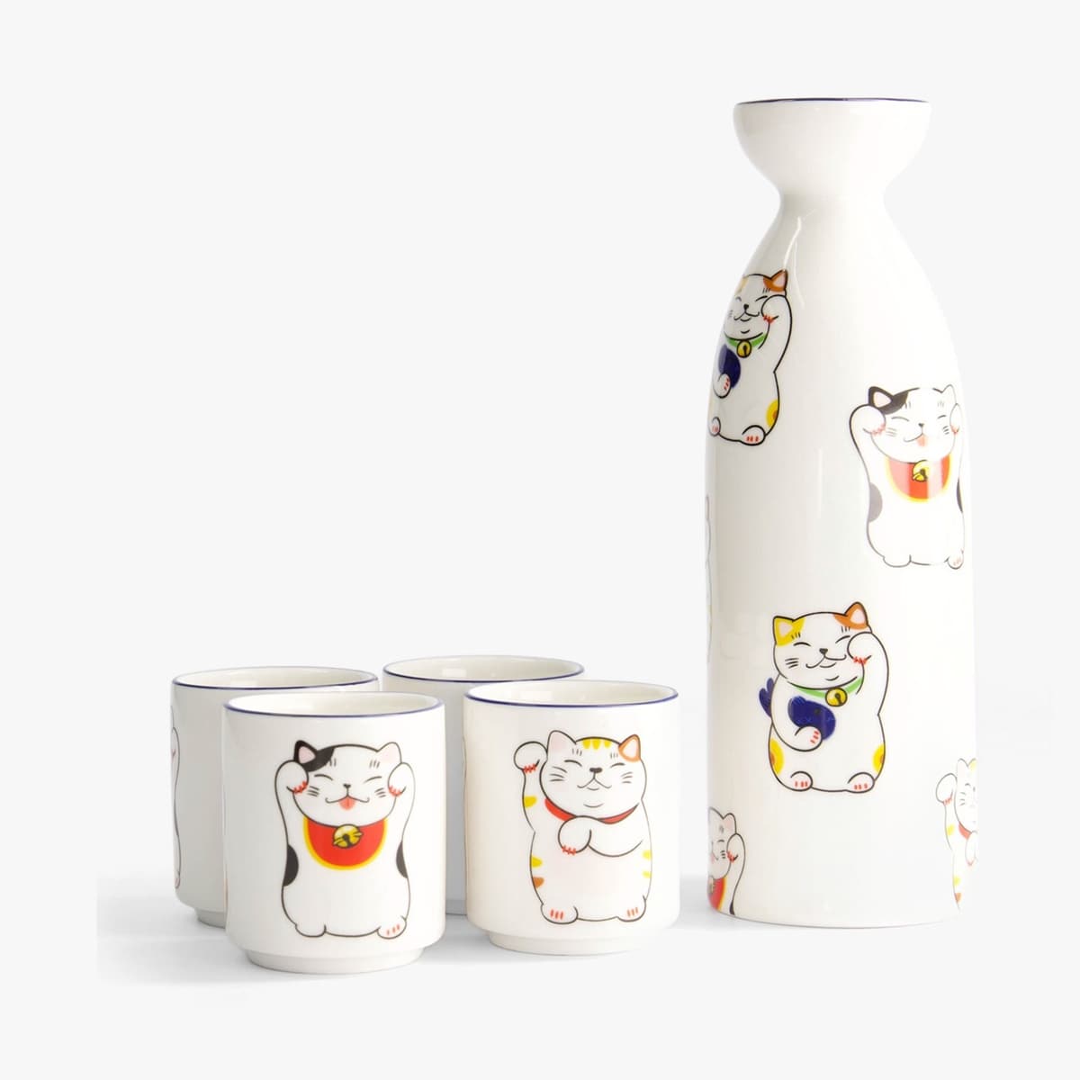 Sake sett, 4 kopper + karaffel "Kawaii Lucky Cat" - Tokyo design studio
